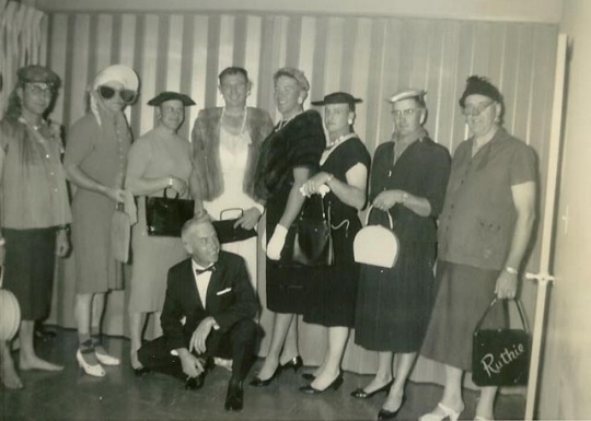 Black and white photograph of a Farm Bureau men in fashion show, 1962.