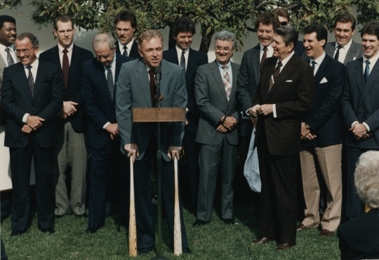 President Ronald Reagan listens to Twins manager Tom Kelly at the congratulatory ceremony at the White House.
