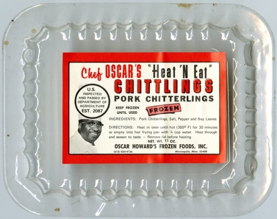 Plastic container for frozen pork chittlings, marketed and sold from the late 1960s to 1970s by Oscar C. Howard under the Chef Oscar brand.
