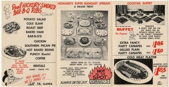 Tri-folded catering menu used in the late 1950s by Oscar Howard’s Catering Service.
