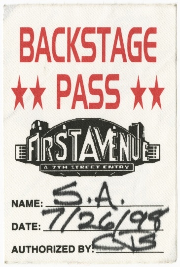 Backstage pass for Soul Asylum concert at First Avenue, July 26, 1998.