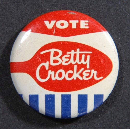 Color image of a “Vote Betty Crocker” pin, c.1950s.