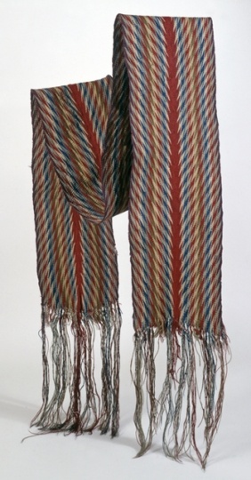 Color image of a French-Canadian finger-woven wool sash in ceinture flechee or “arrow sash pattern, ca. 1750–1800.