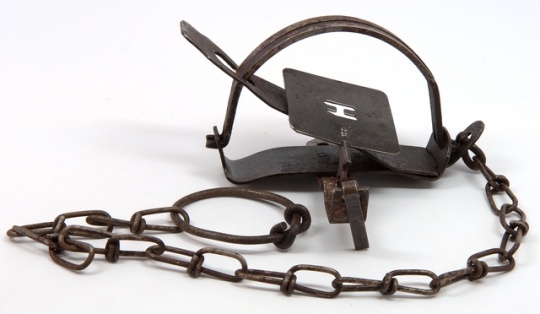 Color image of a steel animal trap used by the Hudson’s Bay Company.