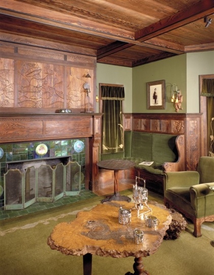 Exhibition room at the Minneapolis Institute of Art featuring objects designed by John S. Bradstreet and Company, including a green velvet window curtain with matching valance, ca. 1904.