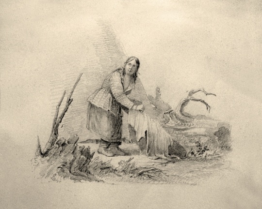 Graphite drawing of a Dakota woman processing a hide, c.1845. Drawing by Seth Eastman.