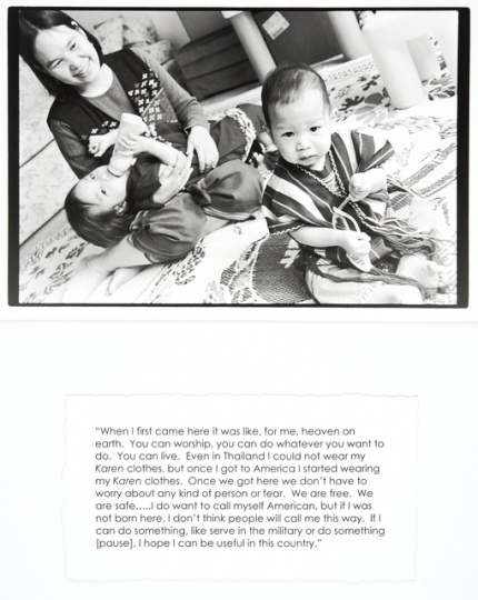 Black and white photograph of a woman sitting on the floor with two young children, with accompanying quote, by Jane Kramer, 2004. From collection, Photographs and Stories of Refugee Women: Perseverance, Dignity, Strength, Hope, and Peace.