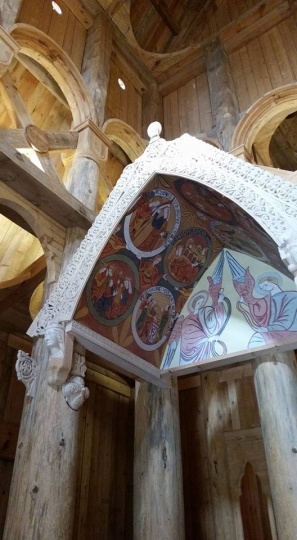 Color image of the baldachin inside the Hopperstad Stave Church replica, April 2, 2017.