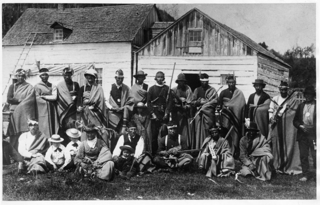 Black and white photograph of Ojibwe at Grand Portage Reservation, 1885.