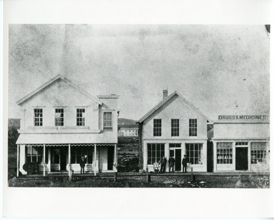 Black and white photograph of Van Campen store and Scofield's drug store, 1883.