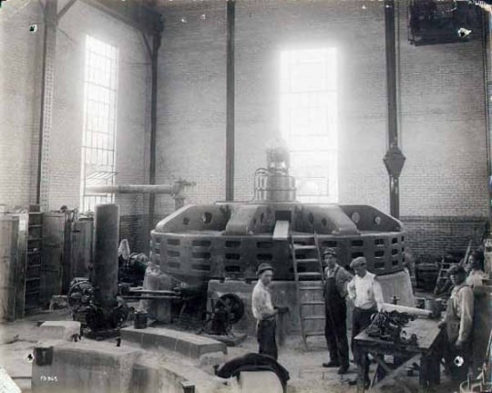 Interior view showing machine number one ready for operation at the Coon Rapids Dam power plant.