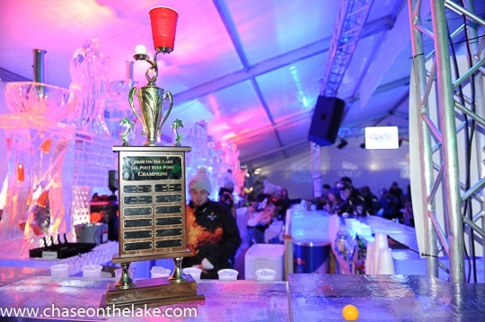 The Chase on the Lake International Eelpout Festival Beer Pong Championship trophy, 2017. Photo by Josh Stokes.
