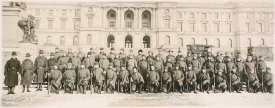 Black and white photograph of Company A of the Third Battalion, Minnesota Home Guard, from Duluth, 1917.