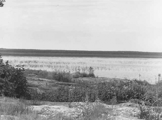 Rocks with pictographs at Nett Lake, ca. 1934. Photograph by Monroe P. Killy.