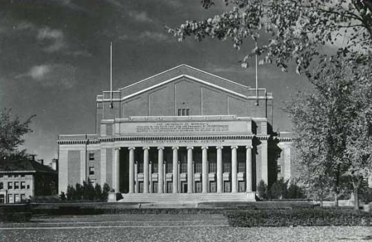 Black and white photograph of Northrop Auditorium, at the head of Northrop Mall, University of Minnesota Minneapolis campus, 1940.