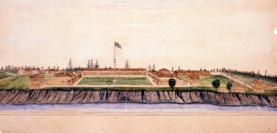 Watercolor of 1868 Fort Ripley by Col. Edward G. Bush (1838–1892). Painted by Bush in 1880 upon revisiting the fort that he commanded September 1868 to May 1869 while a thirty-year-old captain. The painting depicts the fort as he remembered it in 1868.