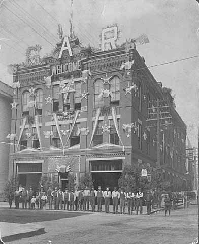 St. Paul Fire Department headquarters, northwest corner of Eighth and Minnesota, decorated for the Thirtieth National Encampment of the Grand Army of the Republic.