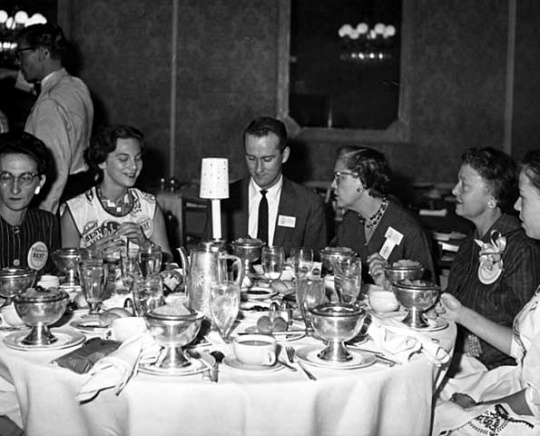 Black and white photograph of a breakfast for Pillsbury Bake-Off contestants, Los Angeles, 1957.