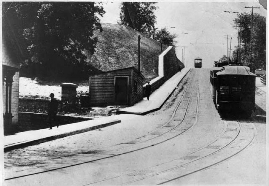 Black and white photograph of able cars on the hill before the Selby Tunnel was dug, c.1895.