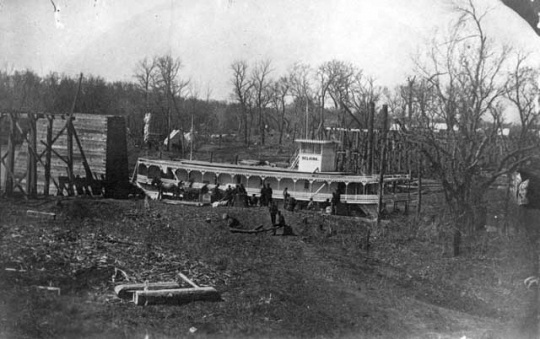 Black and white photograph of the steamboat Selkirk, then owned by the Hills-Griggs Company, on the Red River, 1871.