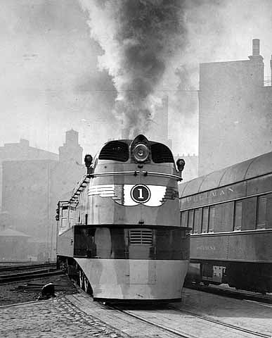 Black and white photograph of a locomotive for the Hiawatha, Milwaukee Road. Photograph by Milwaukee Road News Bureau, 1935.