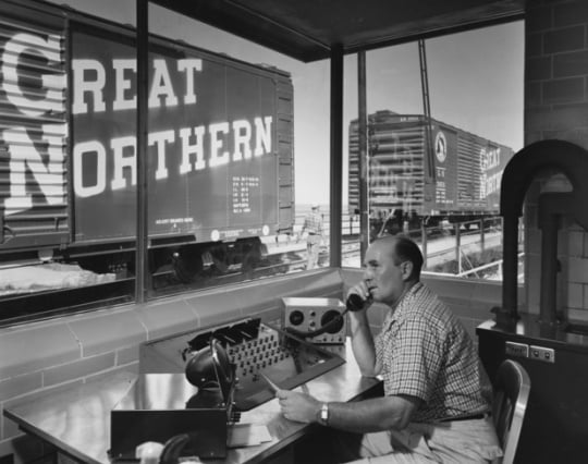 Black and white photograph on the interior of hump office at Great Northern Railway’s Gavin Yard in Minot, North Dakota, ca. 1958. Photograph by Hedrich-Blessing.