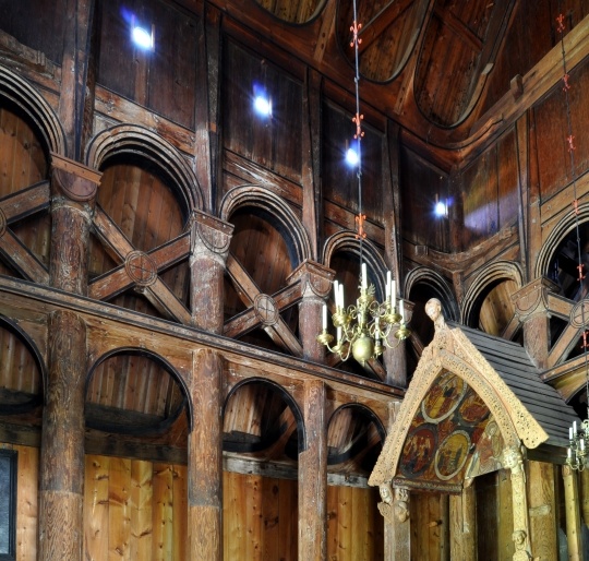 Color image of the interior of the original Hopperstad Church in Vik, Norway, July 13, 2010.