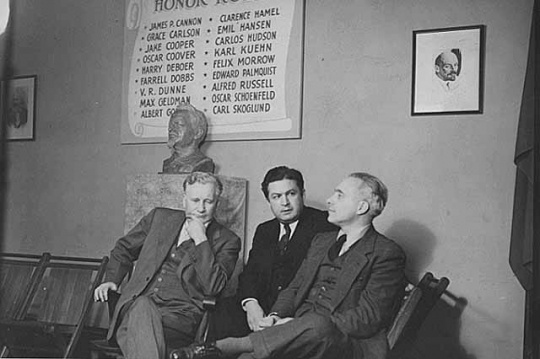 Black and white photograph of Socialist Workers Party members, ca. 1941. Left to right: James Cannon, Felix Marrow, and Albert Goldman.