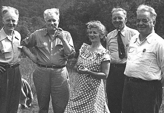 Black and white photograph of Vincent Dunne (left), James P. Cannon (center), and Arne Swabeck (right) in Los Angeles, August, 1954.