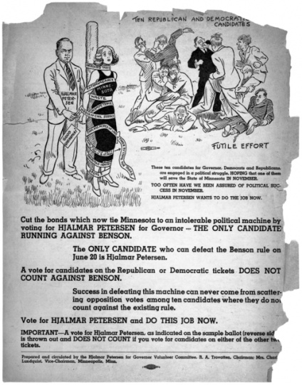 Campaign literature for Hjalmar Petersen, Farmer-Labor Party candidate for Governor, 1938.