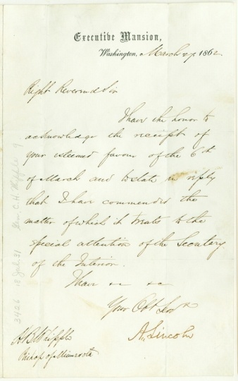 Scan of a letter from Abraham Lincoln to Henry B. Whipple, March 27, 1862.
