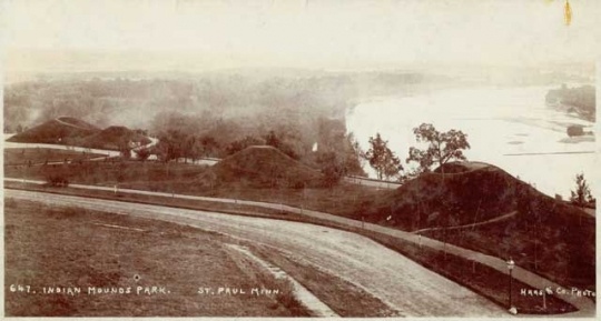 Black and white photograph of Mounds Park ca. 1910. This image shows a commanding view of the river canyon from the mounds.