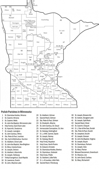 Map of Polish Catholic parishes in Minnesota