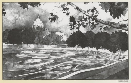 Architect’s rendering of the Minnesota Woman Suffrage Memorial Garden, from the memorial dedication booklet, 2000. LOOM Studio.