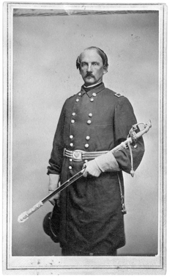 Black and white photograph of Henry Sibley wearing the uniform of a brigadier general, 1862.