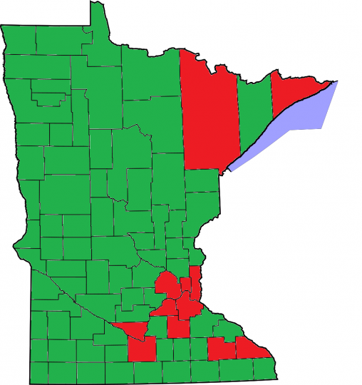 Map of Minnesota showing the results of the marriage referendum included on ballots for the election held on November 6, 2012. Counties marked in red indicate a majority of “no” votes counties marked in green indicate a majority of “yes” votes.