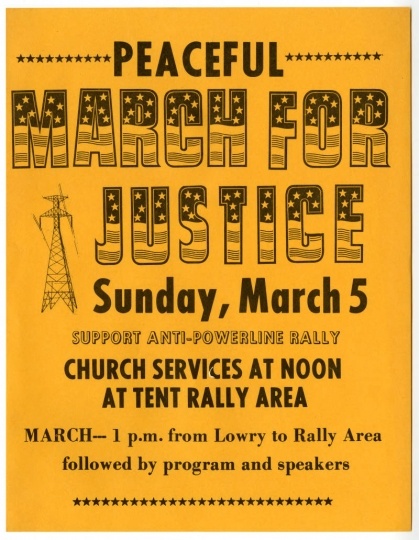 Peaceful March For Justice flyer, undated. The march was organized to protest the construction of power lines in rural Minnesota in the late 1970s or early 1980s. Used with the permission of Pope County Historical Society.