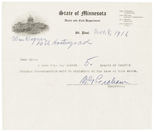 Receipt for illegal margarine seized from a St. Paul grocer, November 8, 1916. From the Davis, Kellogg & Severance Law Firm Records, 1878-1941, Minnesota Historical Society.