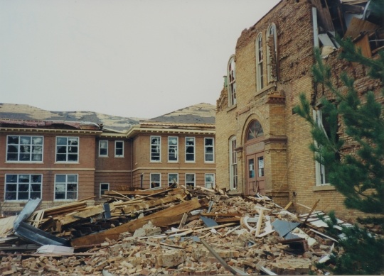Photograph of a school destroyed by the St. Peter Tornado.