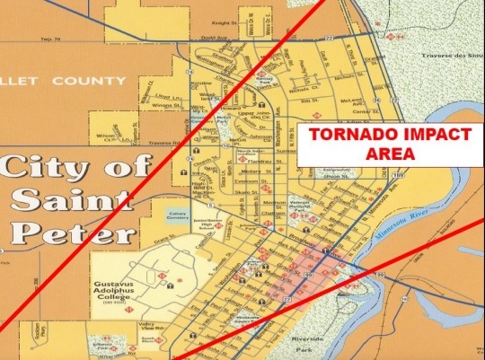 Map showing the path of the St. Peter Tornado.