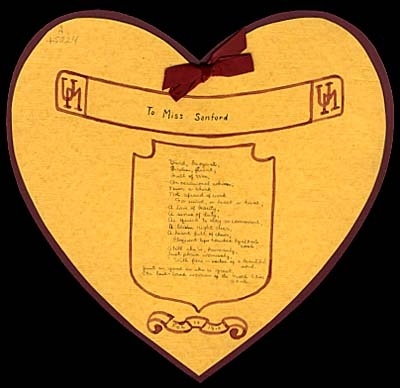 Heart-shaped valentine, labeled To Miss Sanford