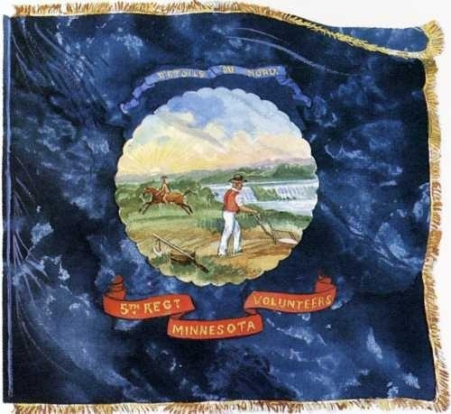 The Great Seal of Minnesota’s central image on the battle flag of the Fifth Minnesota