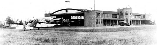 Black and white photograph of aircraft hanger at Camp Ripley, 1939.