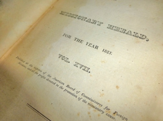 Color image of the title page of the Missionary Herald, c.2013.