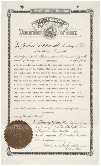 Minnesota's Ratification of the 19th Amendment, September 8, 1919. Committee Papers, 1919–1920 Records of the US House of Representatives, Record Group 233 National Archives Building, Washington, DC. Public domain.