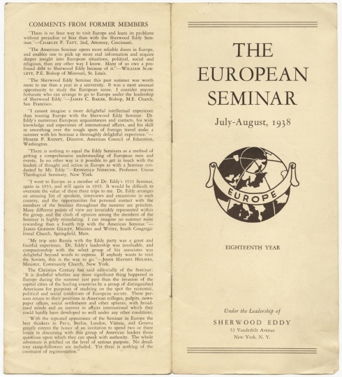 Color scan of  The European Seminar, July-August, 1938 pamphlet.