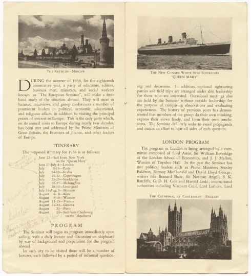 Color scan of The European Seminar, July-August, 1938 pamphlet.