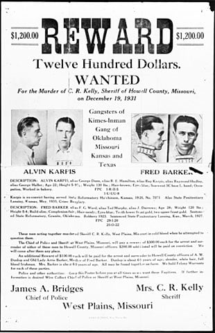 Black and white scan of a reward poster for Alvin Karpis and Fred Barker, c.1936.