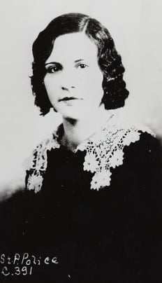 Black and white photograph of Evelyn Billie Frechette. John Dillinger's girlfriend, 1934. Photographed by the Bureau of Criminal Apprehension.