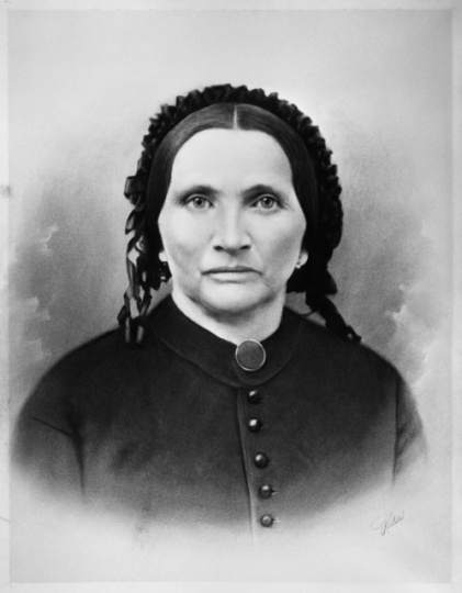 Black and white photograph of Elizabeth Layman, one of the founders of Layman’s (later Pioneers and Soldiers) Cemetery, ca. 1870.